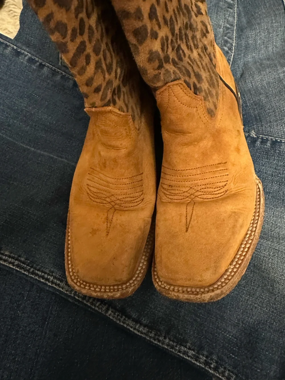 Circle G Girl's Tan Honey Leopard Print Shaft Square Toe Boots Sz 1.5